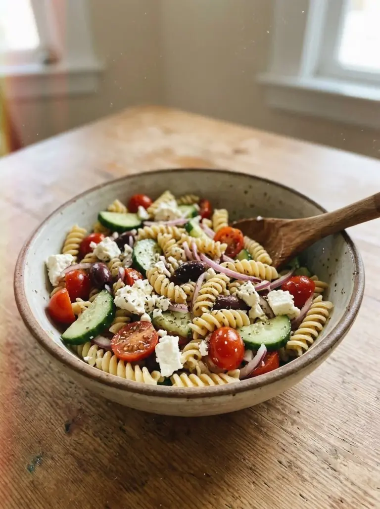 Colorful Greek Pasta Salad with olives, feta cheese, and cherry tomatoes.