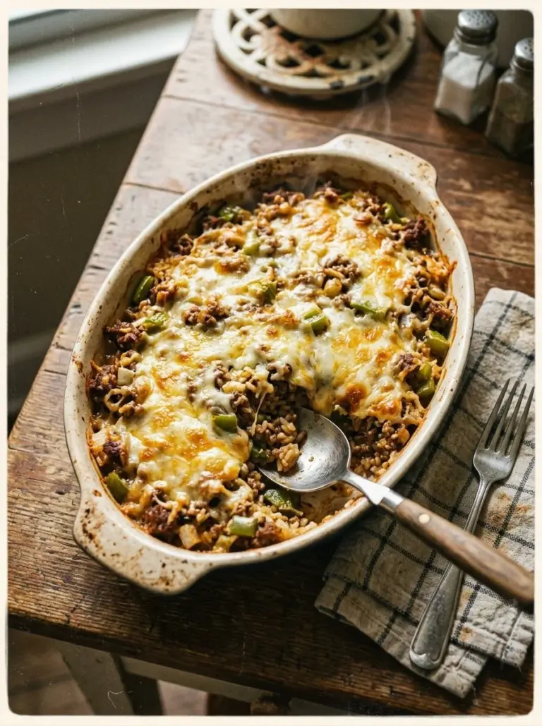Delicious ground beef and rice casserole baked with vegetables and cheese.