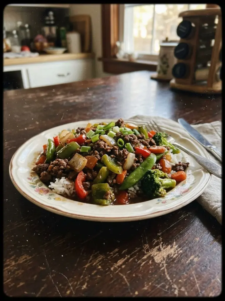 Hearty ground beef stir fry with colorful vegetables in a skillet.