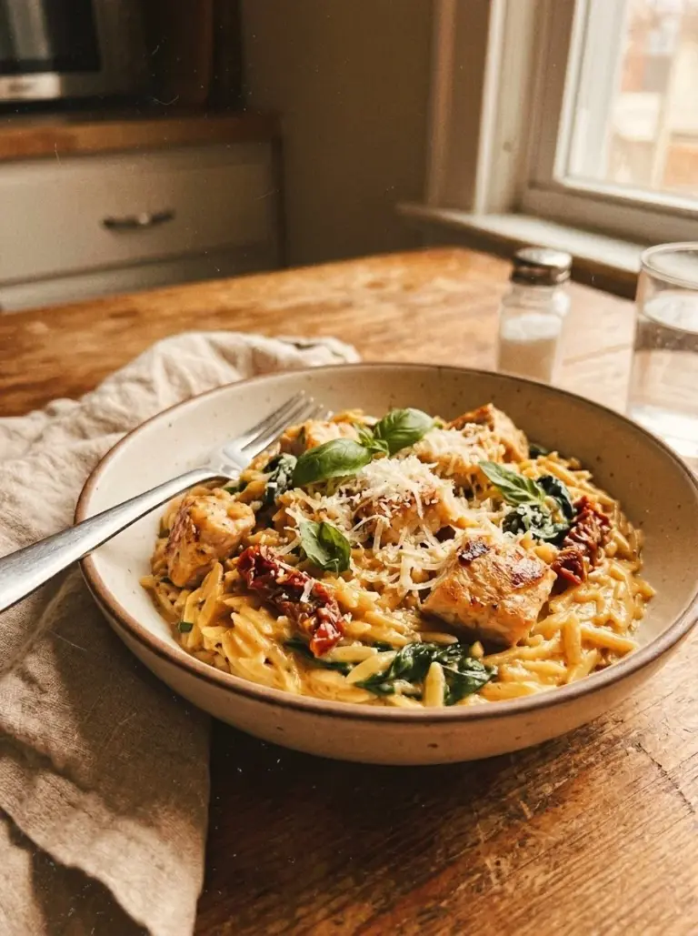 Delicious Marry Me Chicken Orzo served on a plate with herbs and cream sauce.