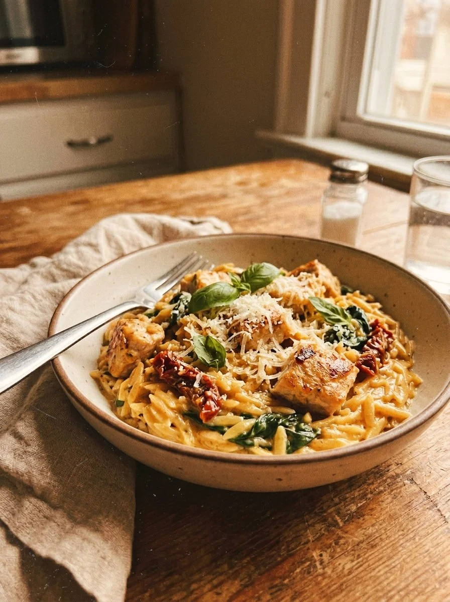 Delicious Marry Me Chicken Orzo served on a plate with herbs and cream sauce.