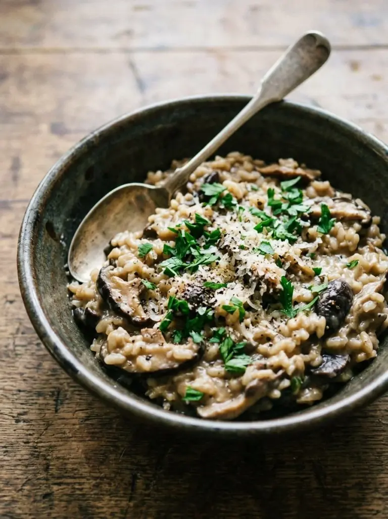 Delicious Mushroom Risotto garnished with herbs and mushrooms