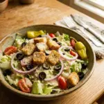 A fresh and colorful Olive Garden Salad with greens, tomatoes, and olives