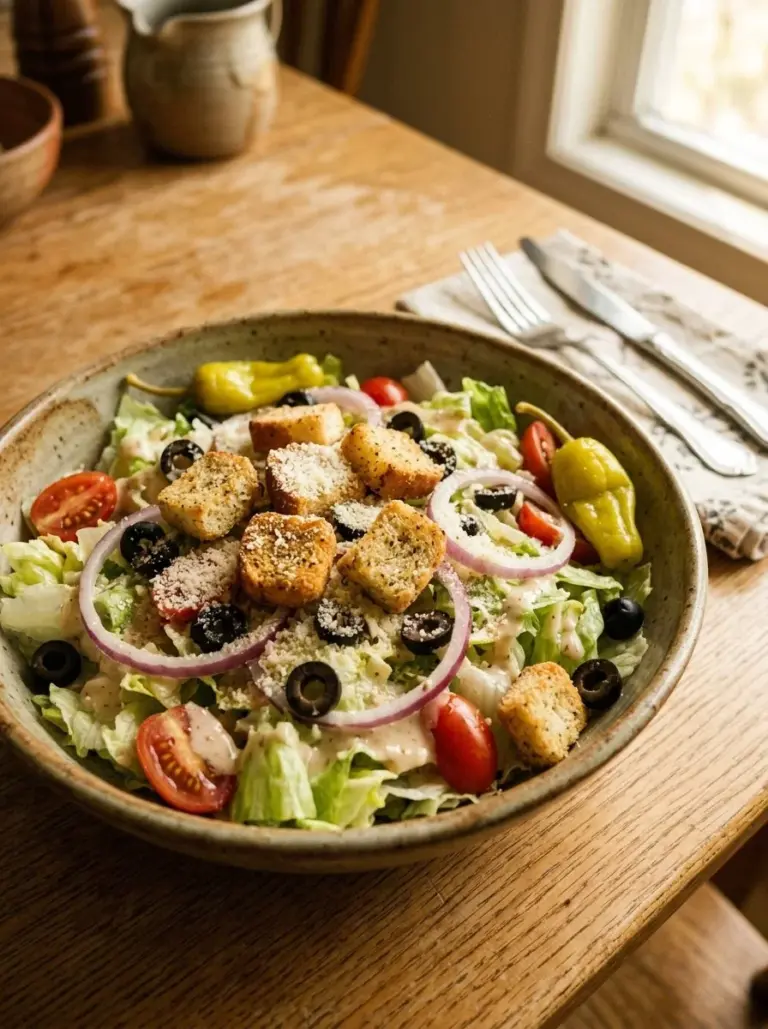 A fresh and colorful Olive Garden Salad with greens, tomatoes, and olives
