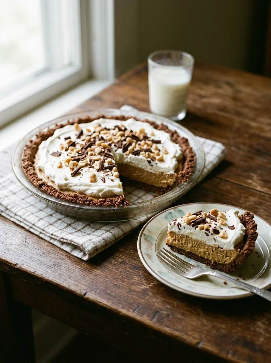 Delicious homemade Peanut Butter Pie topped with chocolate drizzle.