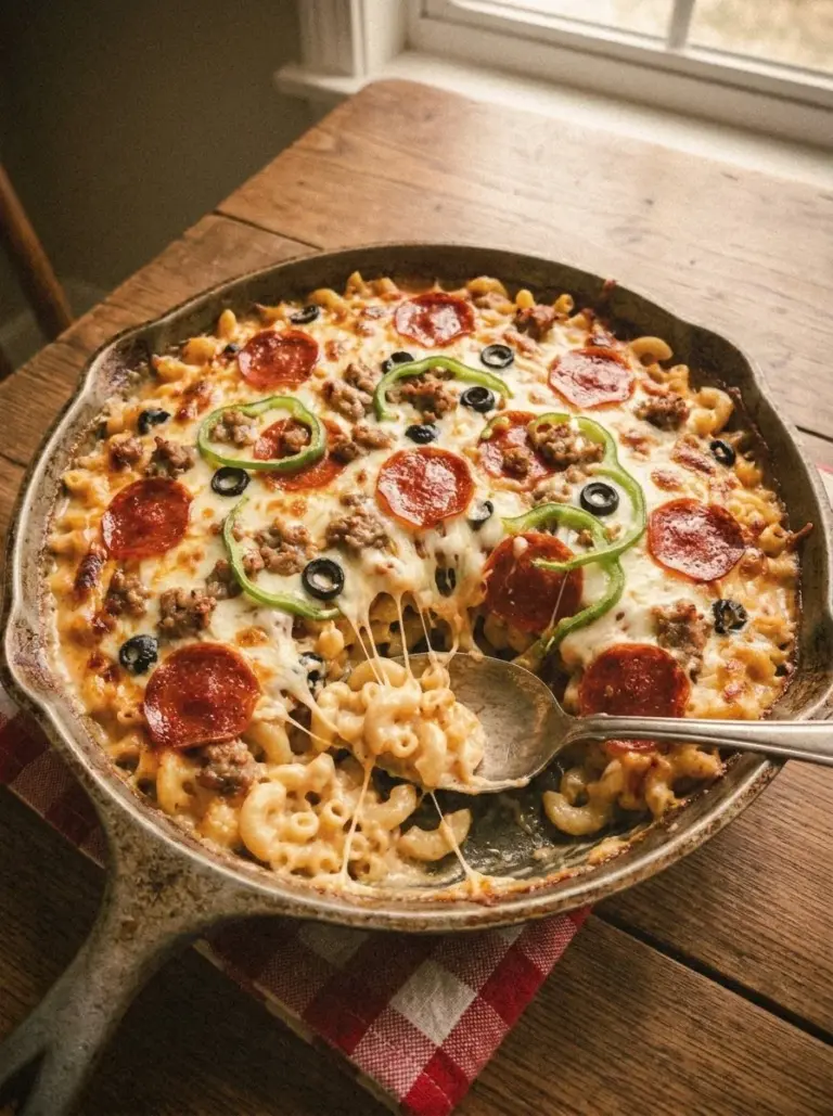 Delicious Pizza Mac and Cheese topped with pepperoni and mozzarella