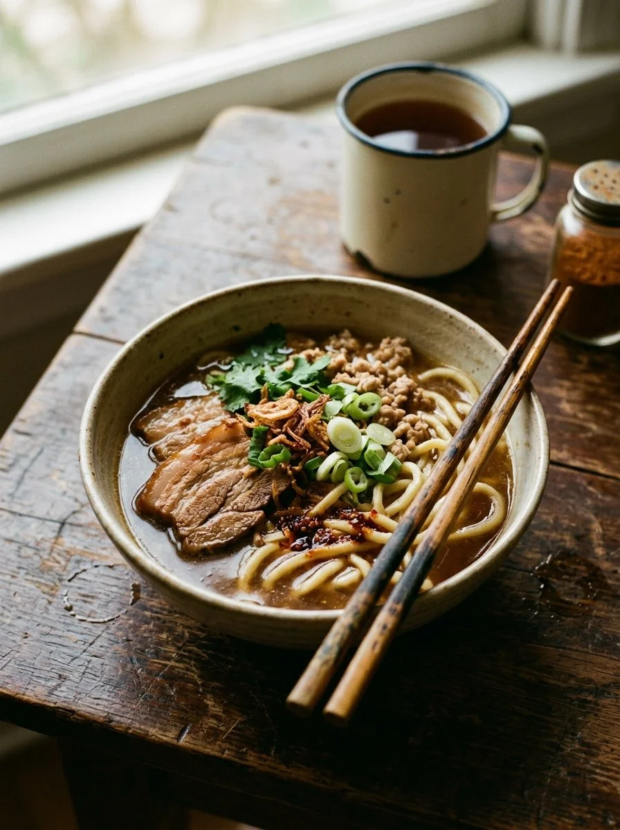 Delicious Pork Noodles with tender pork and flavorful sauce served in a bowl