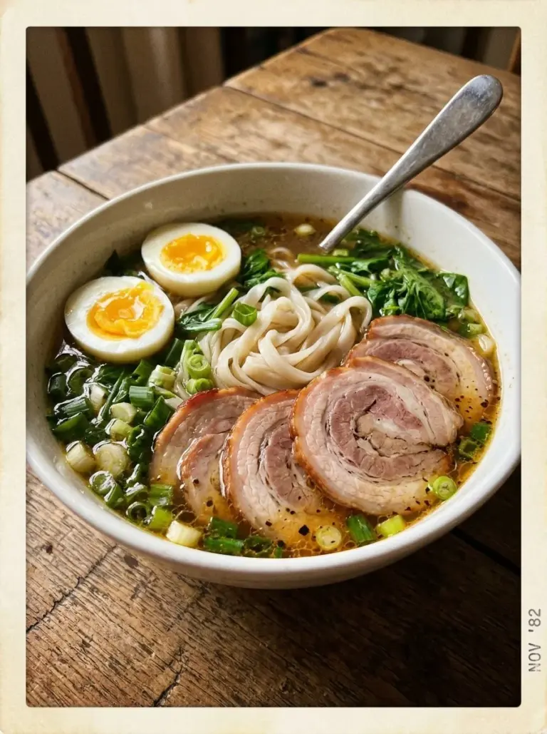 Serving of flavorful Pork Noodles garnished with fresh herbs