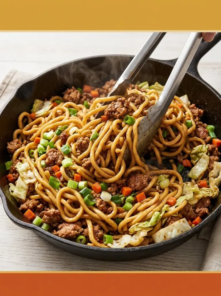 Delicious Pork Noodles Stir Fry garnished with vegetables in a bowl