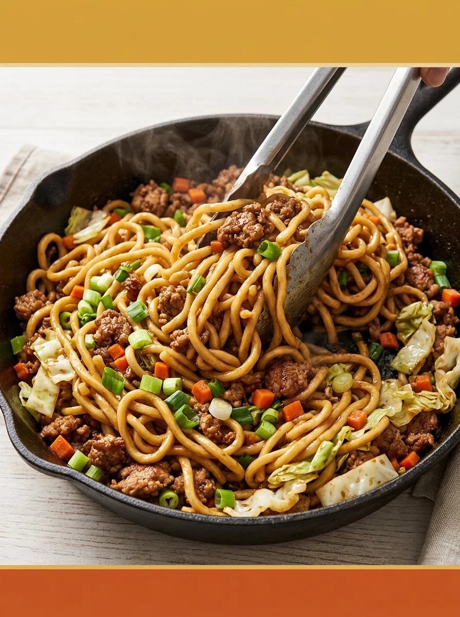 Delicious Pork Noodles Stir Fry garnished with vegetables in a bowl