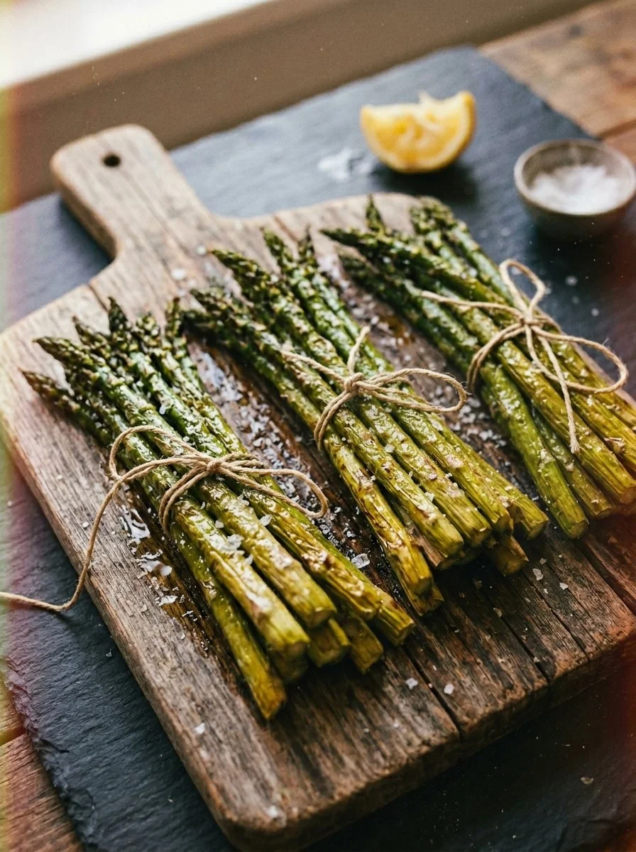 Dish of roasted asparagus, perfectly seasoned and garnished.