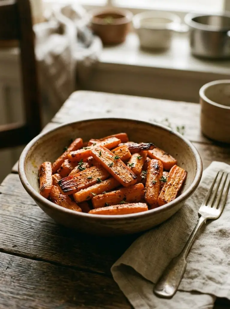 Delicious roasted carrots garnished with herbs and spices, ready to serve.