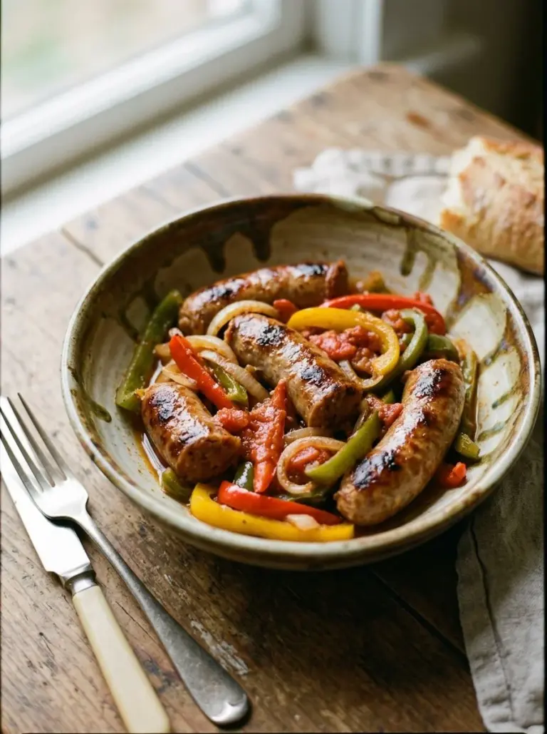 Delicious sausage and peppers dish served on a plate