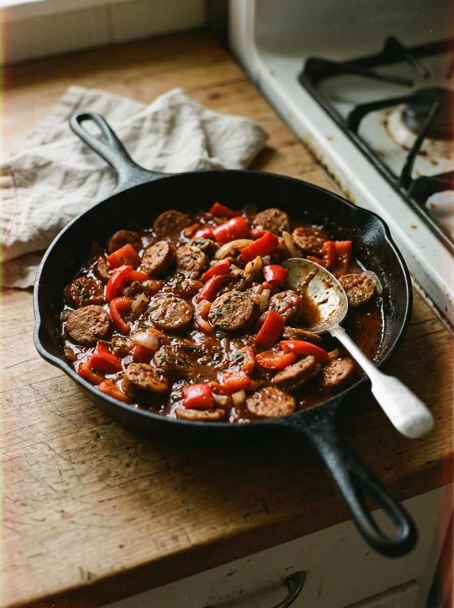 Delicious sausage and peppers served in a vibrant dish