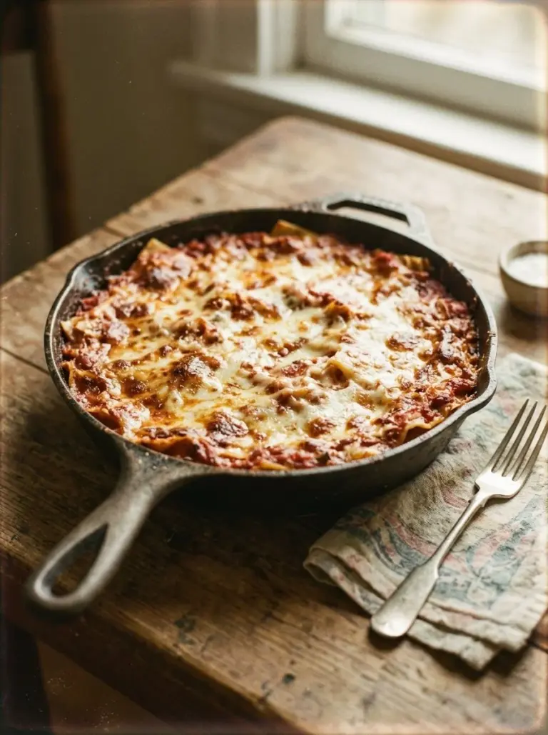 Skillet Lasagna in a cast iron skillet with layers of cheese and sauce