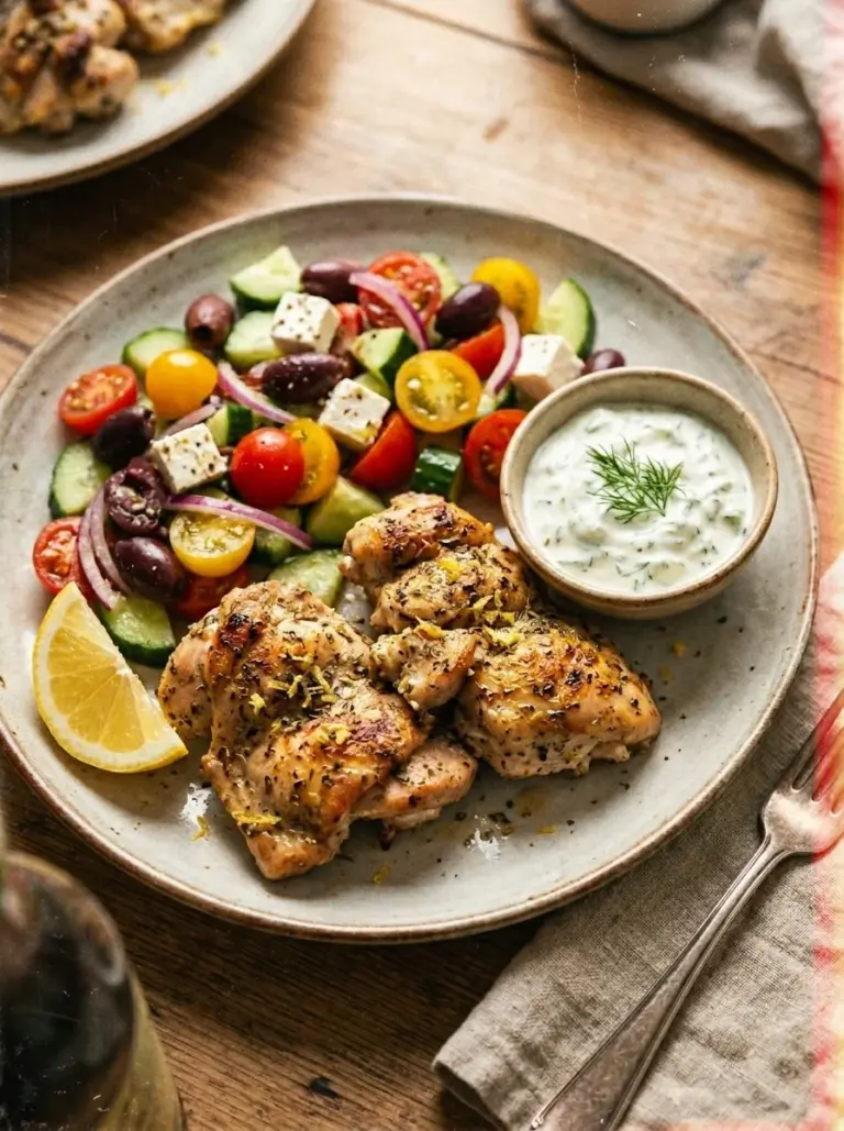Delicious Summer Greek Chicken with fresh vegetables and herbs