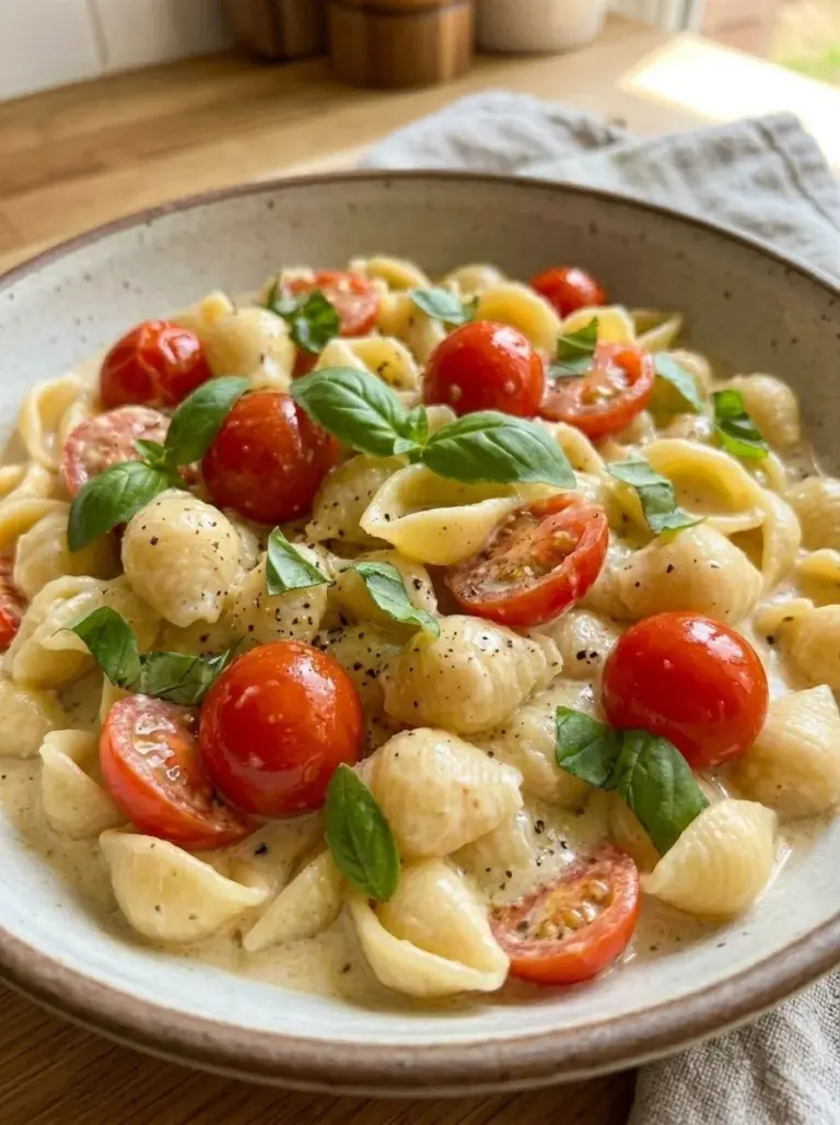 A plate of vibrant Tomato Basil Pasta garnished with fresh basil and tomatoes.