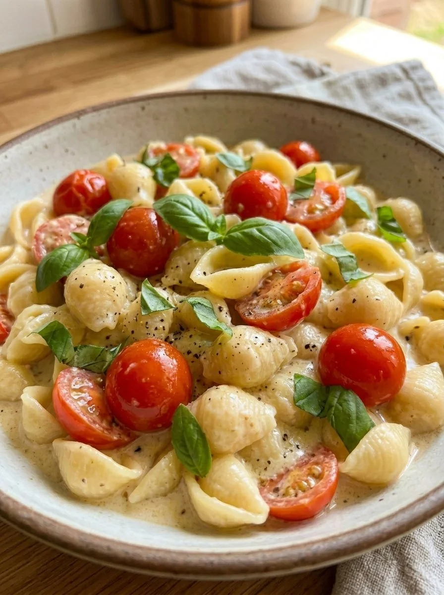 A plate of vibrant Tomato Basil Pasta garnished with fresh basil and tomatoes.