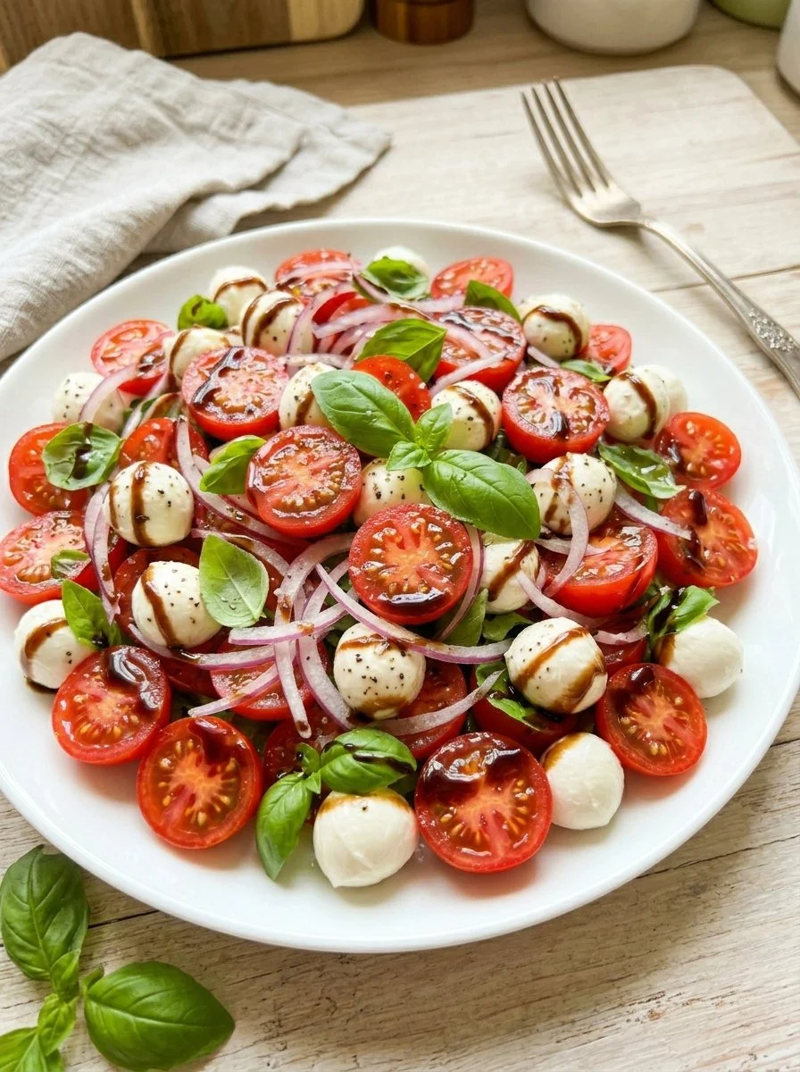 Colorful tomato salad with fresh herbs and dressing